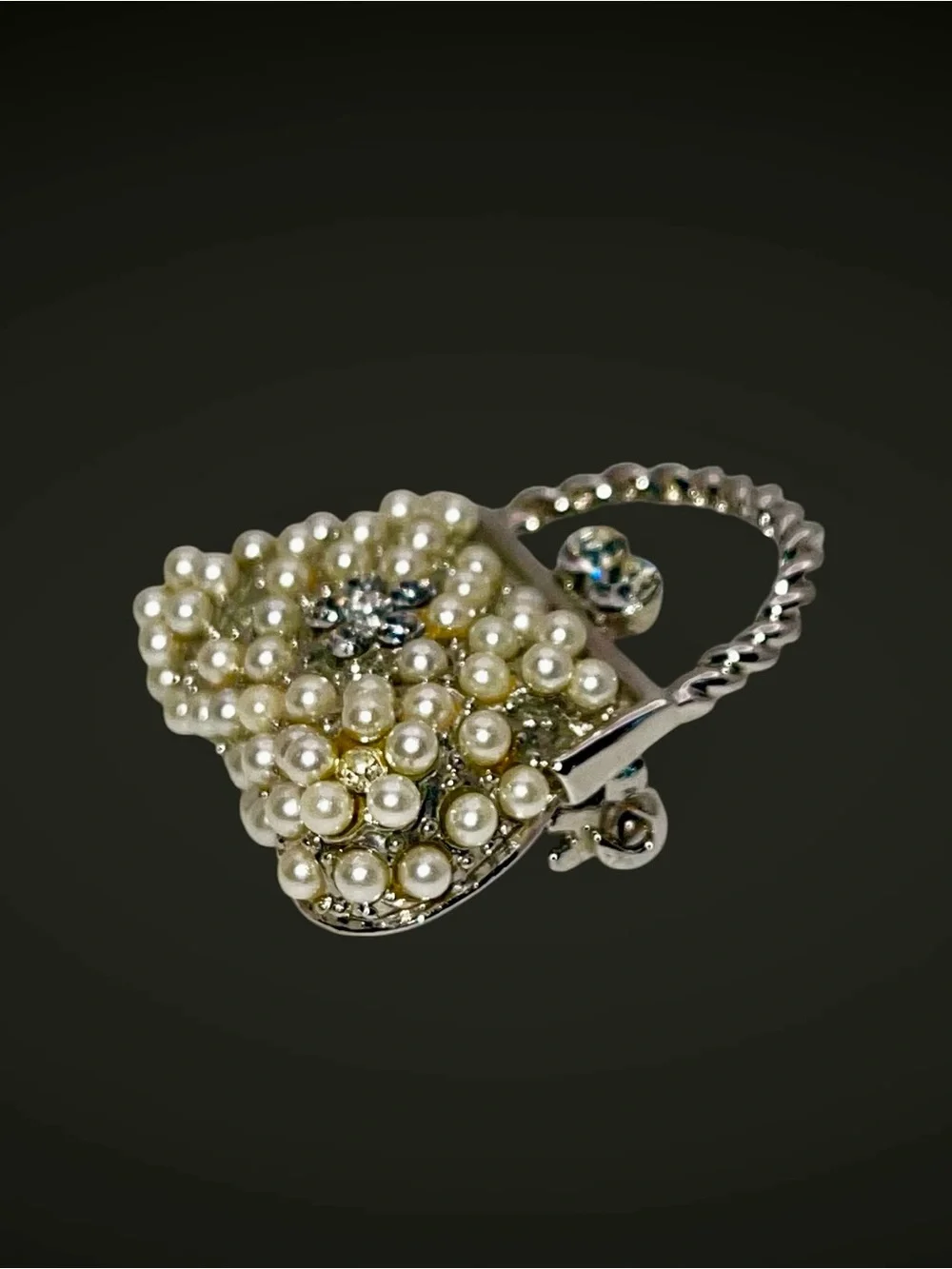 Dazzling Vintage Pearl and Rhinestone Purse Brooch Dainty Petite Estate Pc